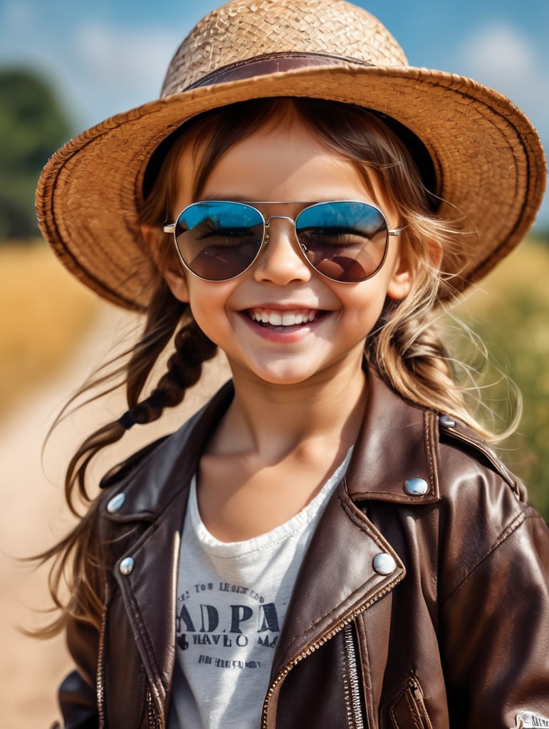 photo happy little girl going to travel, cute girl, leather jacket, straw hat, sunglasses, harpers bizarre, cover, headshot, hyper realistic