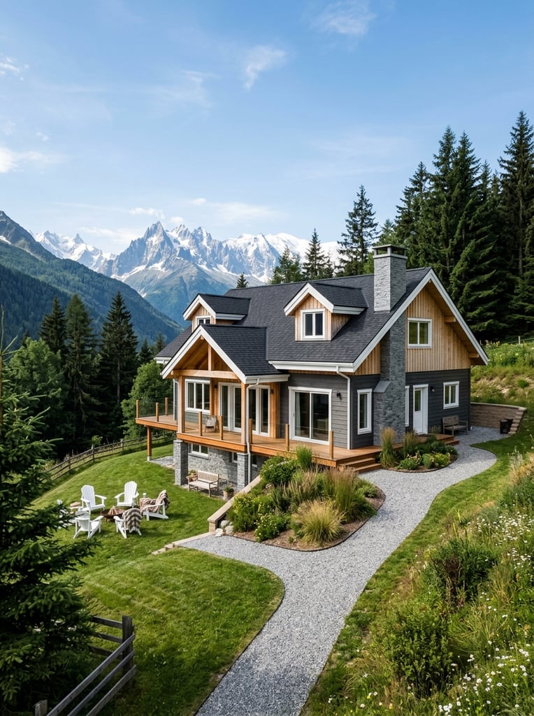 Modern rustic wooden house, dark gray and light timber siding, pitched shingle roof, white trim, tall gray chimney, white outdoor furniture on sloping grass, Y-shaped gravel path, evergreen trees, snow-capped mountains, bright blue sky, crisp daylight, photorealistic architectural render