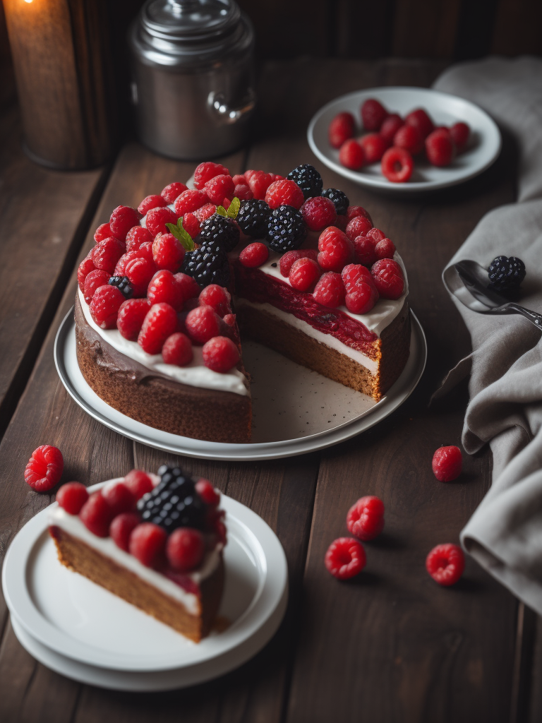 Cake with raspberries and blackberries on a wooden table, dark atmosphere, dramatic Lighting, Depth of field, Incredibly high detailed