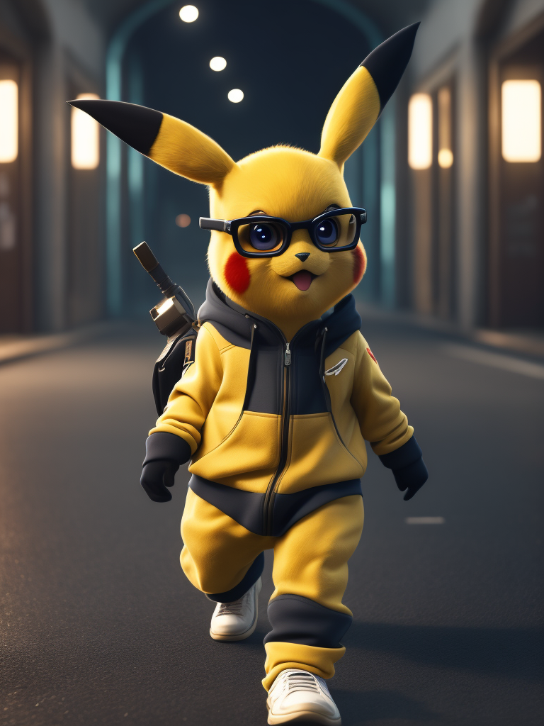 cute stylish Pikachu dressed in stylish futuristic sportswear clothes, big sneakers and a futuristic glasses