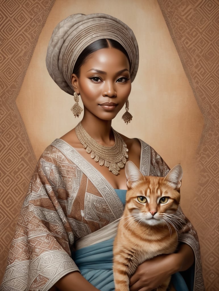 Yoruba woman, diamond gown, carrying a brown cat, Yoruba fabric patterned background.