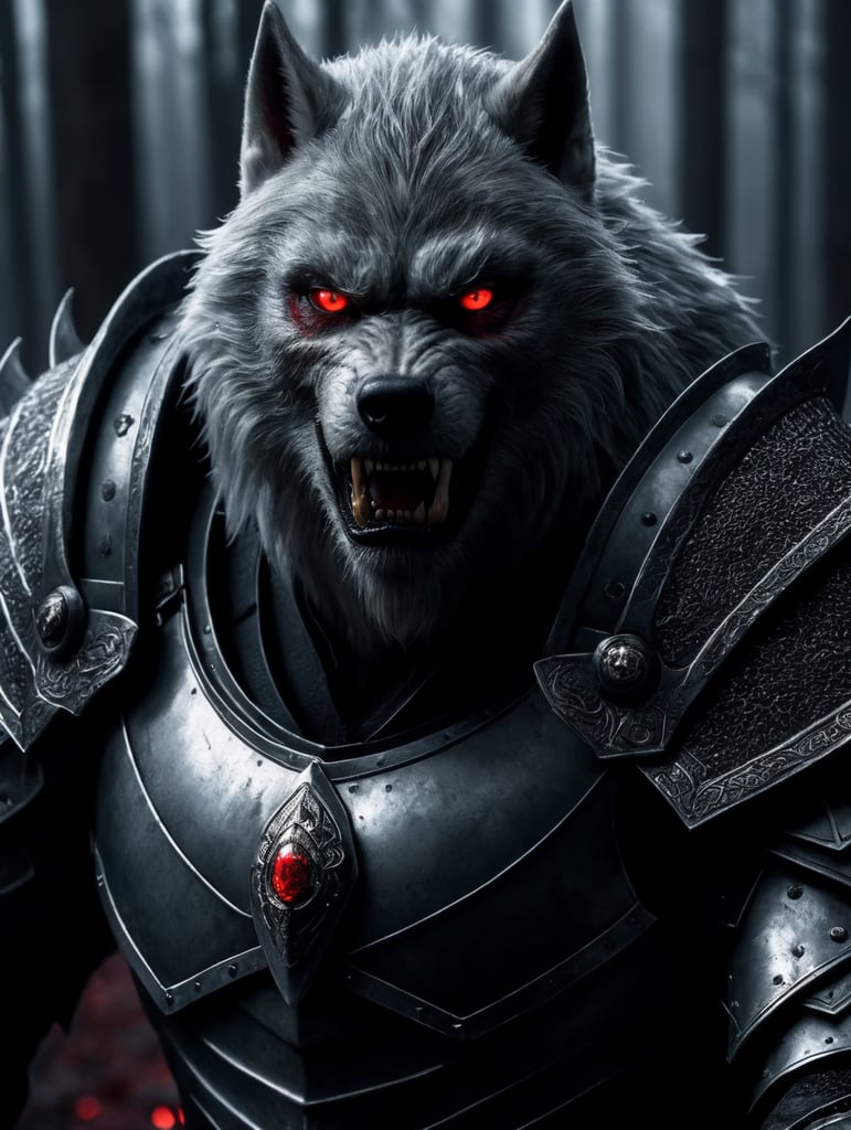 White werewolf elf assassin wearing armor with glowing red eyes