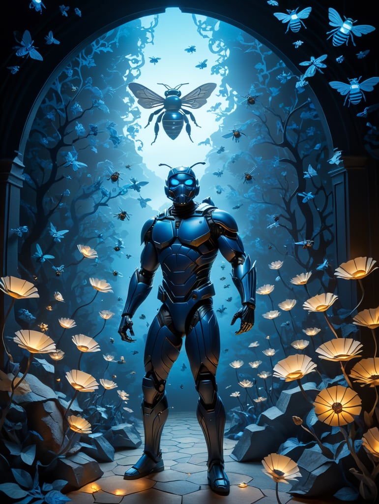 Paper cut scene, paper cut man in the foreground, blue lighting behind I'm, mystical atmosphere, paper cut bees flying around