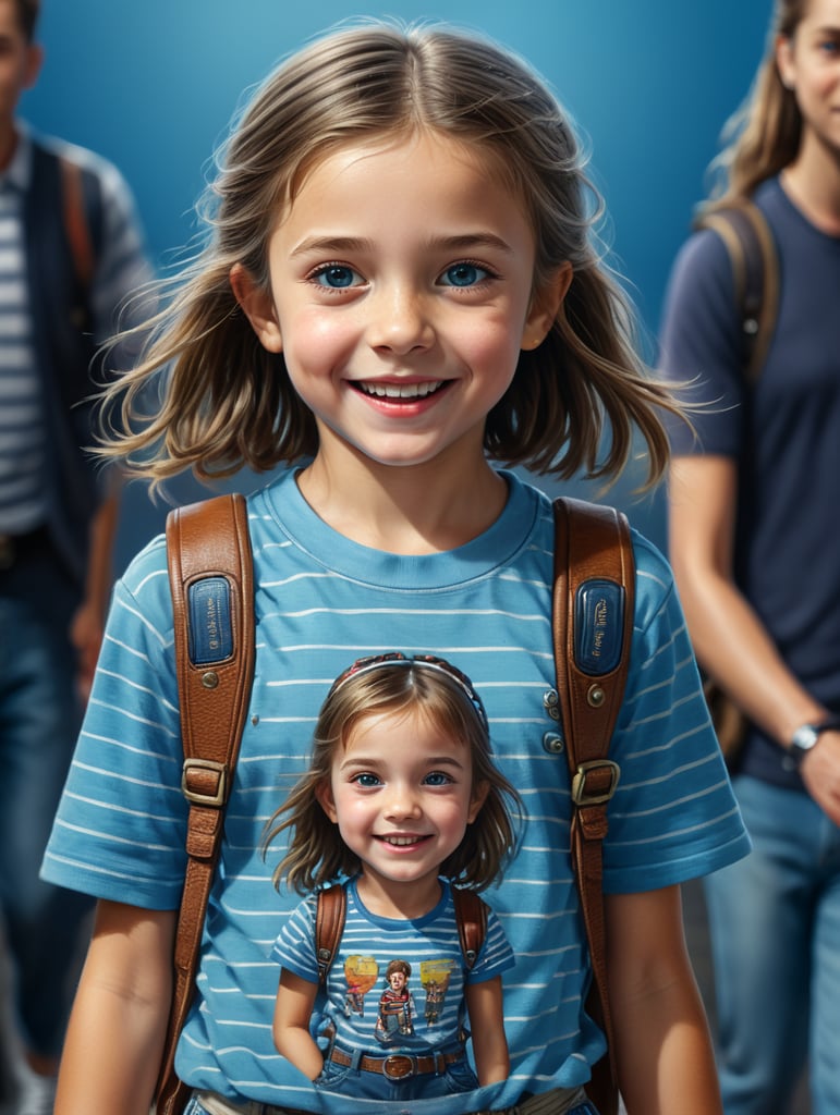 photo happy little girl going to travel, cute girl, Striped T-shirt, blue background, harpers bizarre, cover, headshot, hyper realistic