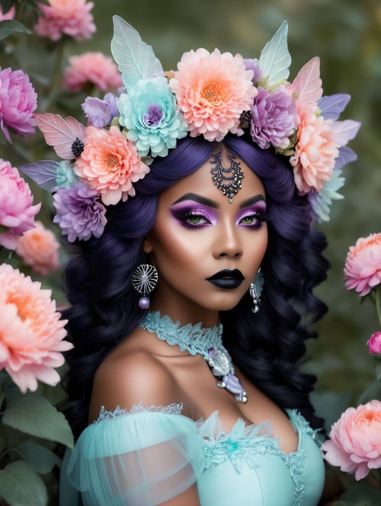 Hd photography, photograph, 3 4 pose, black woman, pastel gothic makeup, fairy goth, gothic style, pastel, beauty portrait, big flowers headband, big flower crown