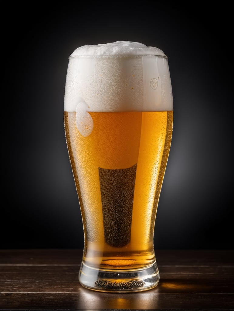 professional photo of a Pilsners beer glass, white foam on top, isolated, black background, highly detailed