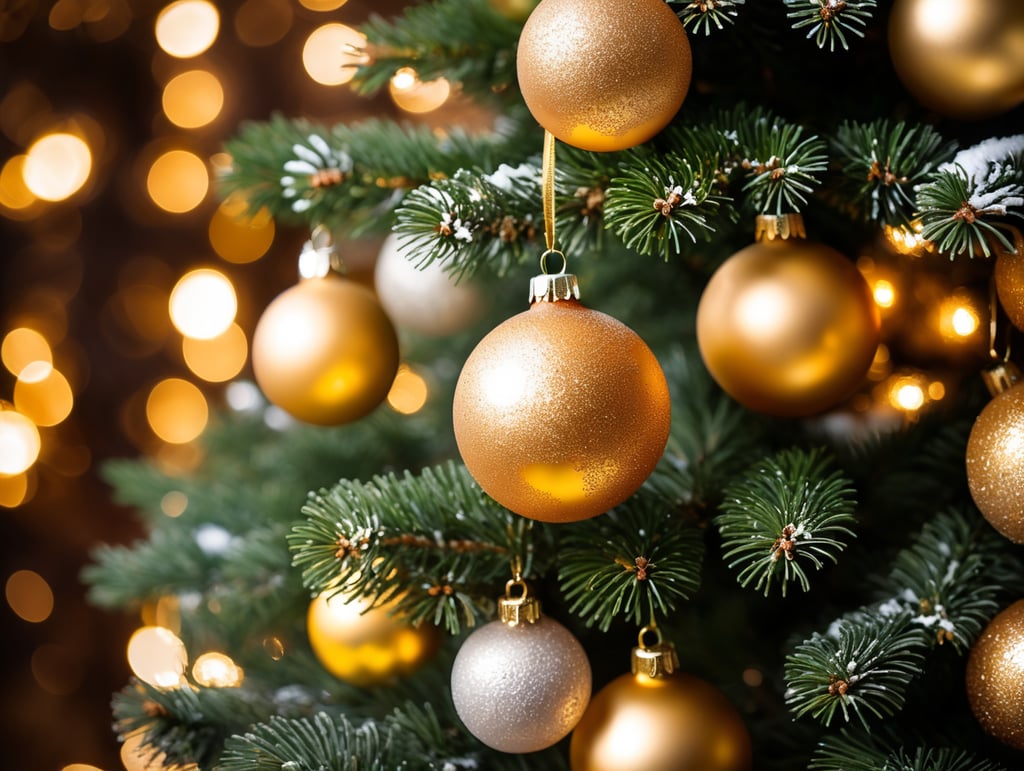 Premium Christmas tree with golden Christmas balls and Christmas colours and some snow