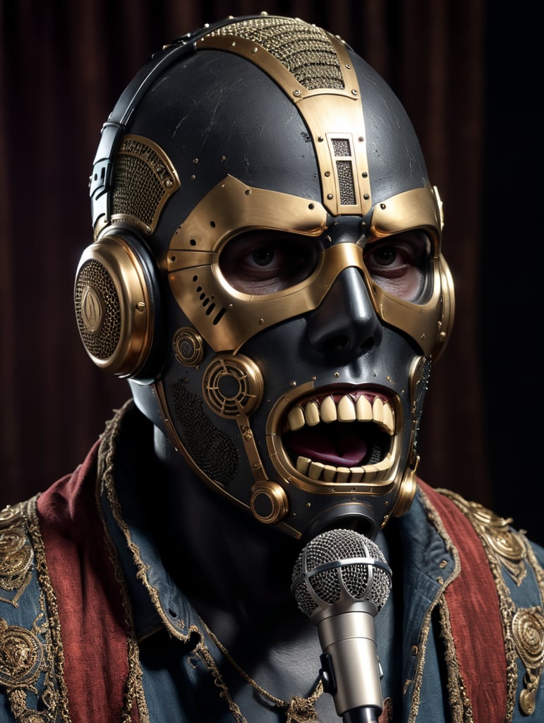 crea un personaje con mascara de microfono vintage y ropa de la banda nirvana