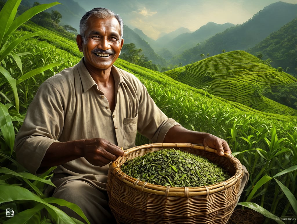 smiling Indian tea farmer holding green tea leaves in a bamboo basket in his hands, tea lover, farming life, tea harvest, tea leaves, tea plantation, fresh harvest, tea production, handcrafted tea, tea indulgence,