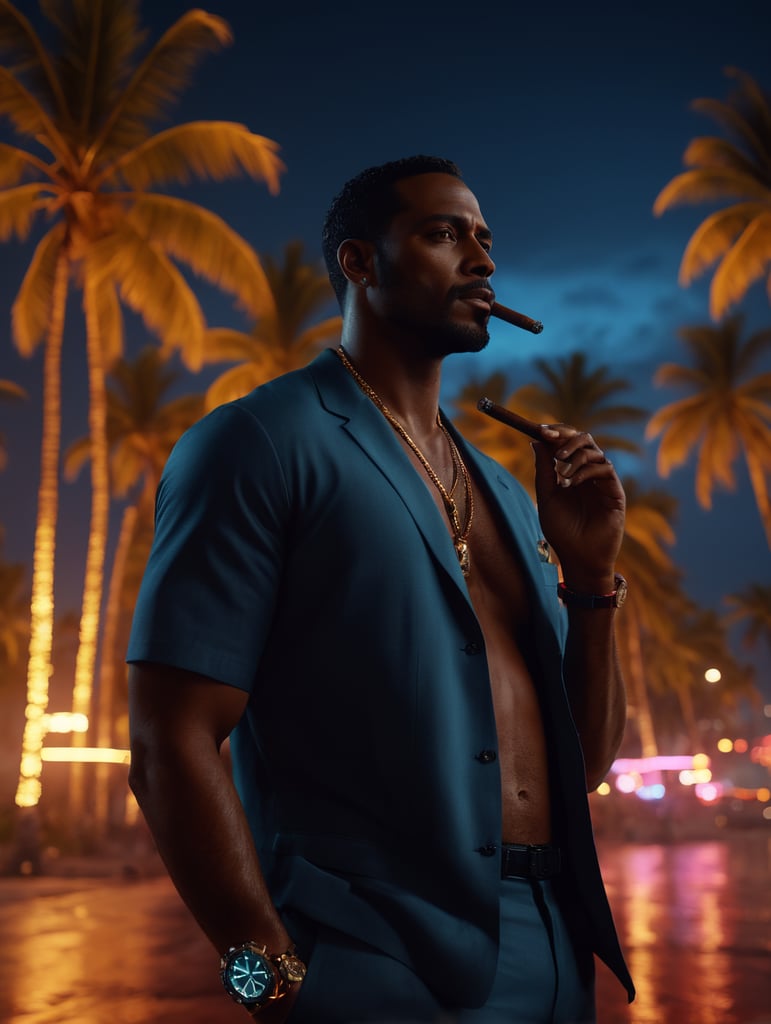 hyper realistic neon palette, highly detailed Miami beach at nighttime, black man smoking a cigar, exotic watch, palm trees, unreal engine, octane render, cinematic lighting, y2k, bright colors, hyper realistic, low angle, 16k, 8K UHD, 8K texture, cinematic, rim lighting, neon palette, color theory, dramatic, volumetric lighting, 35 mm, in focus, unreal engine, highly detailed, octane render, ultra-high resolution.