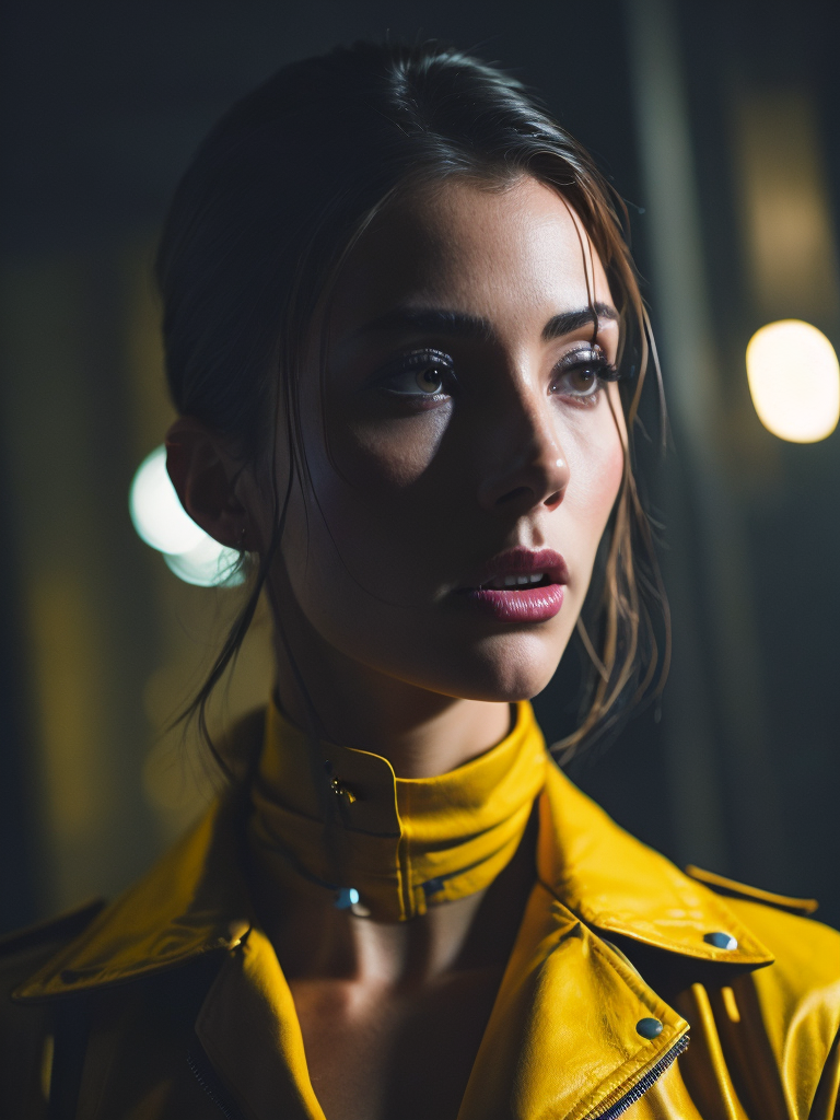 cinematic shot, a women looks on the camera, wearing yellow leather jacket, yellow lighting right side reflecting on her face, weak blue lighting left side reflecting on her face, canon 50 lens, focus on the face everything else is in blur, the blade runner scene.