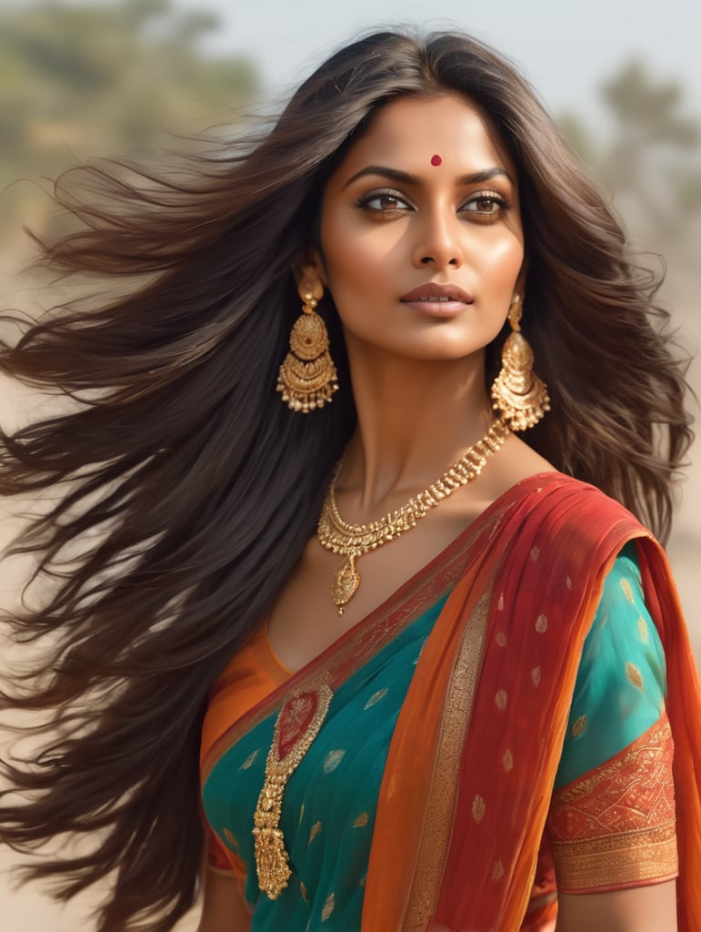 a beautiful Indian smile face woman Sam clothes with her hair blowing, in the style of snapshot aesthetic, hyper-realistic portraits --ar 69:128 --stylize 750 --v 6