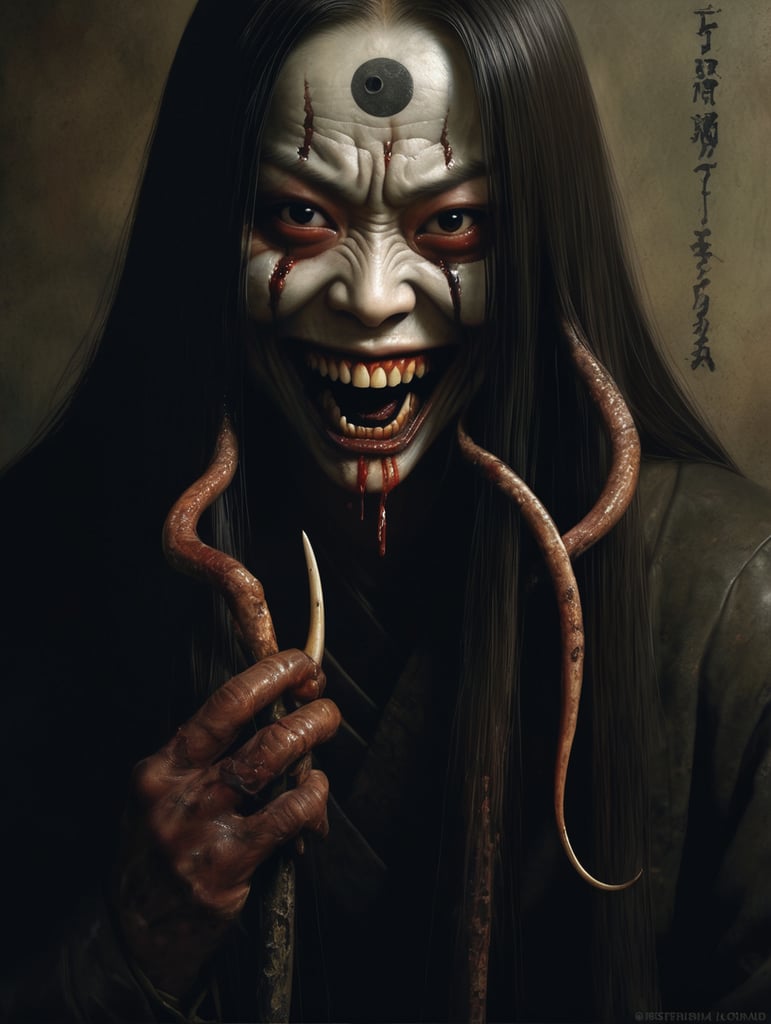 Kuchisake-onna smiling with Slit-Mouthed and razor sharp teeth Ying and yang in the background Rotting flesh ,hored of flesh horror, ironic, creepy, scary caricature, satire, hyperdetailed illustration by Brian Bolland and iconic, hyperdetailed, digital illustration by Derek Riggs, (iconic, hyperdetailed, haunting digital illustration by Zdzisław Beksiński and Peter Gric. ) and artist Vincent Locke
