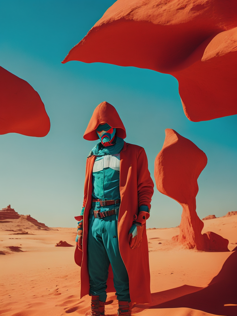 anaglyph-2D Devotion surreal life, full body of a sand raiders man, backdrop is desert, warm color palette, illustration, John Henry Alvin