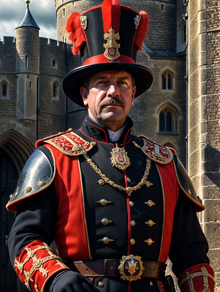 Portrait of a Beefeater man, ceremonial guard of the Tower of London.