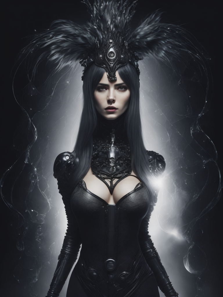 A witch with robotic implants on face and body very intricate sharp focus, dark art, dramatic lighting, style image hr giger, darkness ratio, fire background, fairytale and high fantasy, pretty face, mystical, mythical, magic, fantasy, perfect hands, perfect eyes, esoteric, mystical, cg, best quality masterpiece, dslr with a 200mm lens, greg rutkowski, 45 degrees, --s100, ultra realism, realistic photograph, hyperdetailed, very sharp, sharp focus, realistic details, professional, directed by ridley scott