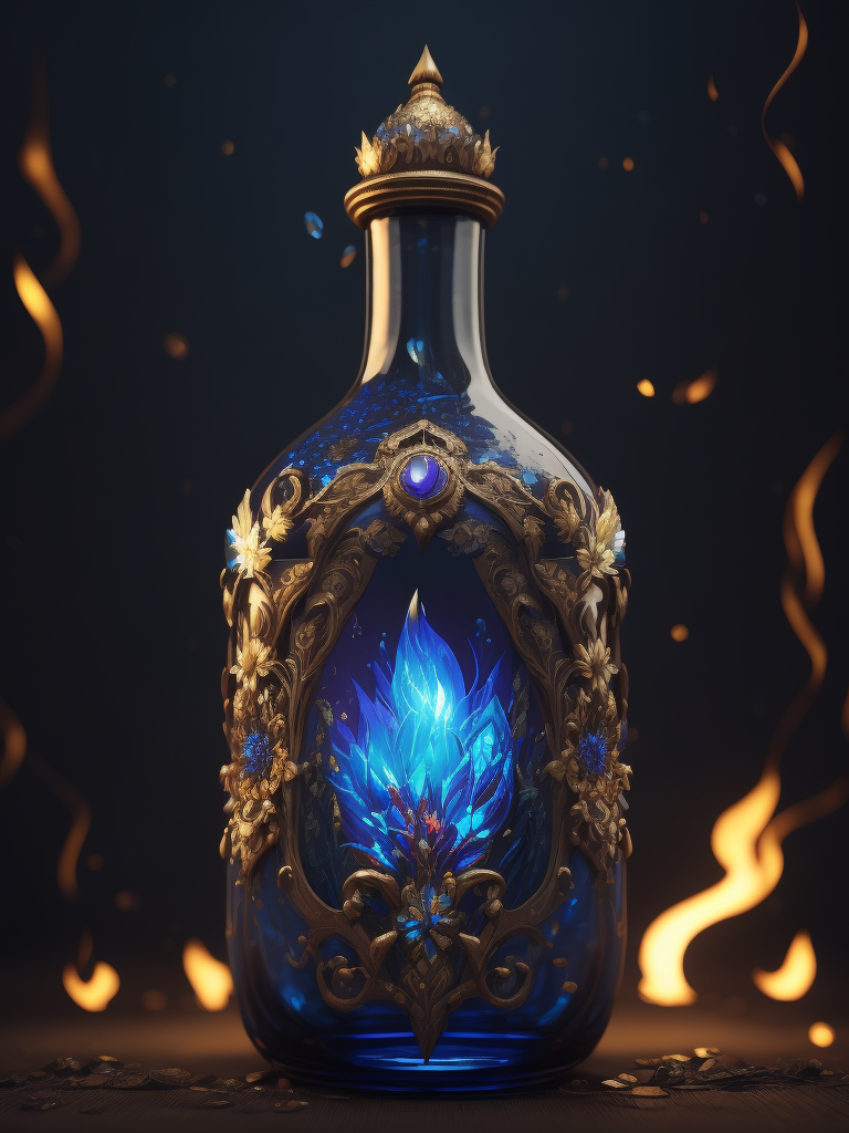 Magic elixir bottle with illuminated liquid, carved glass, decorated with flowers and gems, fairy atmosphere, illumination, dark blue color, smoke