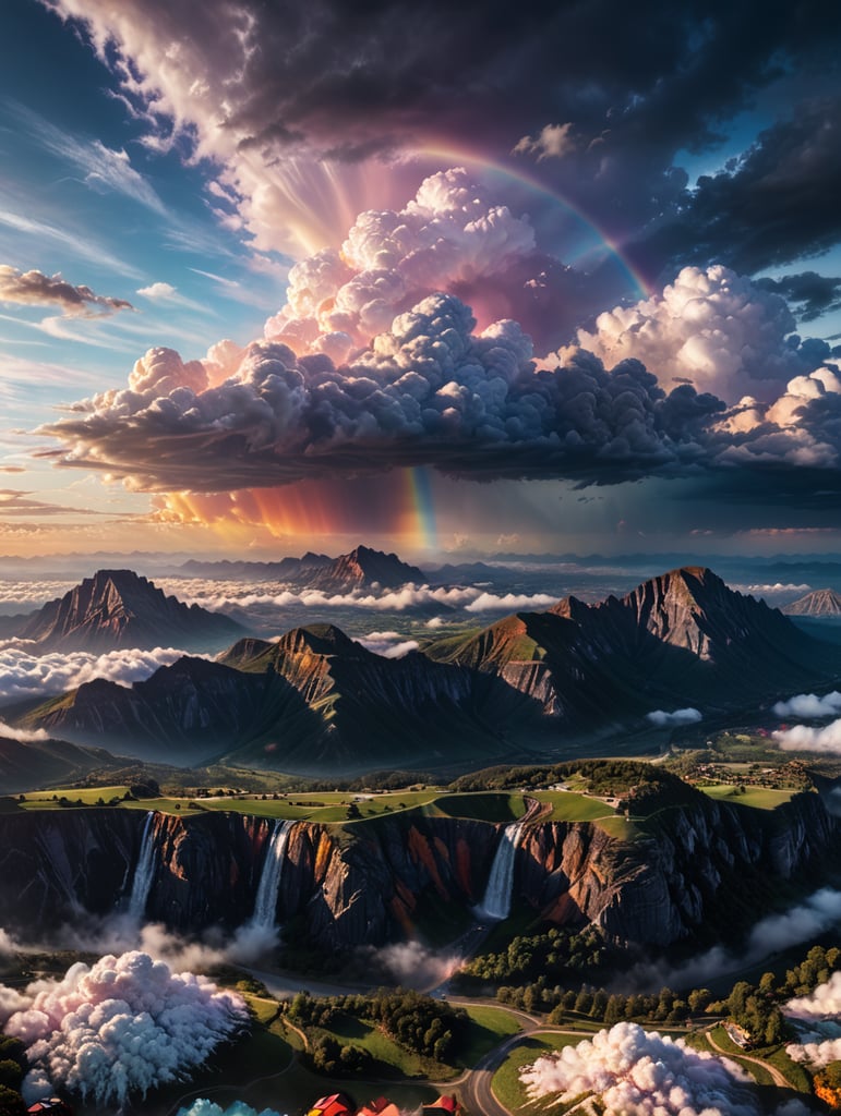 candy world, rainbow sky, cotton clouds, realistic, octane, lighting, sunset, sweet, drone view