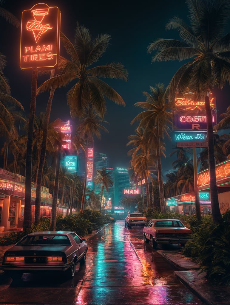 1984, Miami, neon lights, nighttime, palm trees