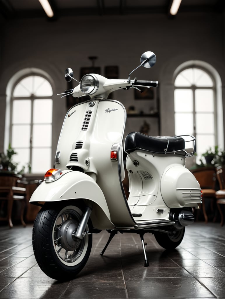 vintage white vespa, low angle view, isolated, white background, mockup