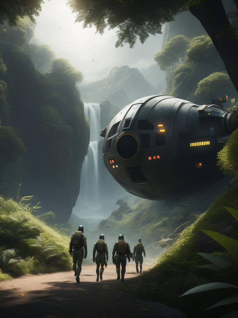 Sci-fi FPS splash screen, a small spaceship in the foreground, a group of spacemen walking away, impressive vegetation, fantasy creatures in the background, fantasy vegetation, Unreal Engine 5, developed by dice, cinematic colour, Ultra-details, 4k