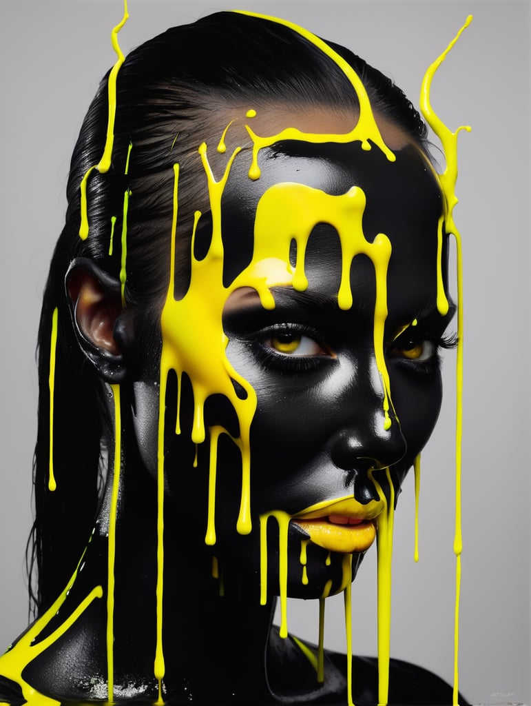 a painting of a woman with yellow forks sticking out of his face, dripping in neon paint, surreal black and yellow, by Antoni Pitxot, neon paint drip, neon, dripping paint, face melting, melting and dripping. eerie, inspired by Nick Gentry, inspired by Roberto Parada, (((yellow))), yellow aura, inspired by Antoni Pitxot