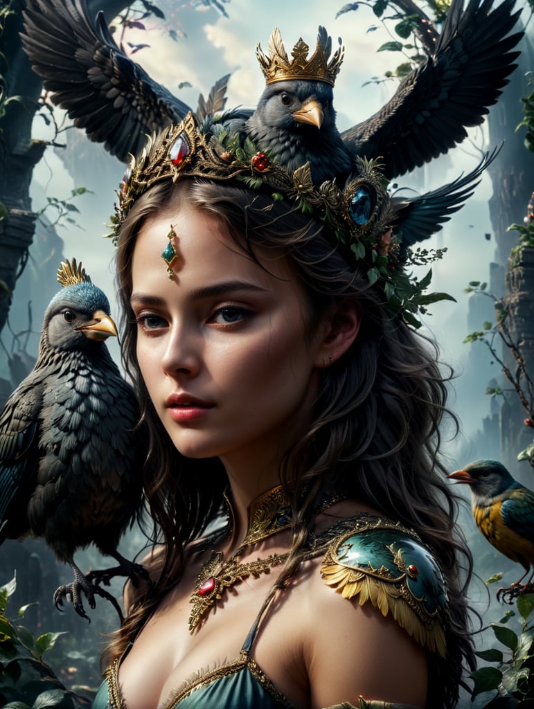 Illustration from a Russian fairy tale, a beautiful girl with the body of a bird and a crown on her head