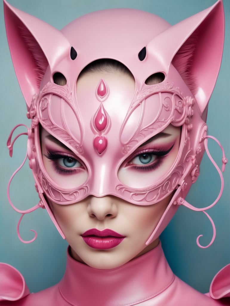 Close up portrait photography, of a gorgeous lady, wearing a pink cat woman mask, 80 degree view, art by sergio lopez, natalie shau, james jean and salvador dali