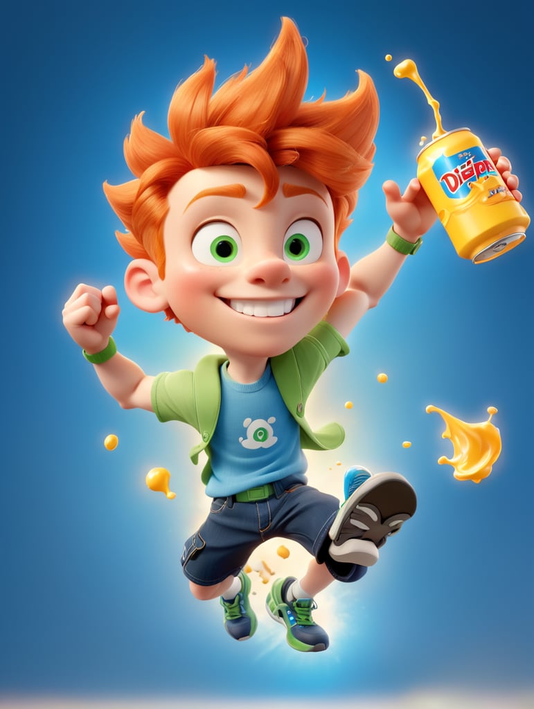 Ginger Disney Pixar-style teen boy with braces drinking an energy drink. Full-body. Action pose jumping in the air.