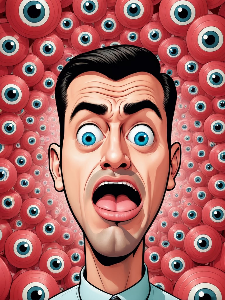 Hypnotized man starring, brainwashed, mind controlled, with large cartoon spiral eyes, tongue sticking from his mouth salivating, photo from the neck up, cartoon-styled, illustration, vector art