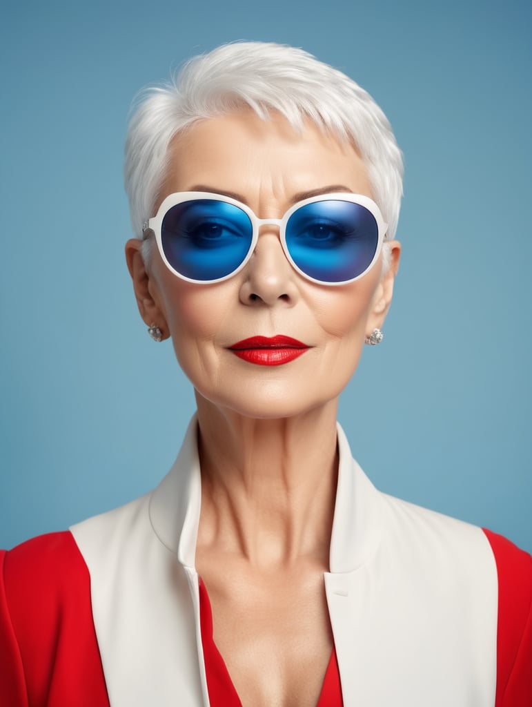 A portrait of a beautiful English older woman with white platinum short hair and big sunglasses, dressed all red, blue background, big cleavage, glamorous London portrait, highly realistic, women designer, very fashionable, colourful