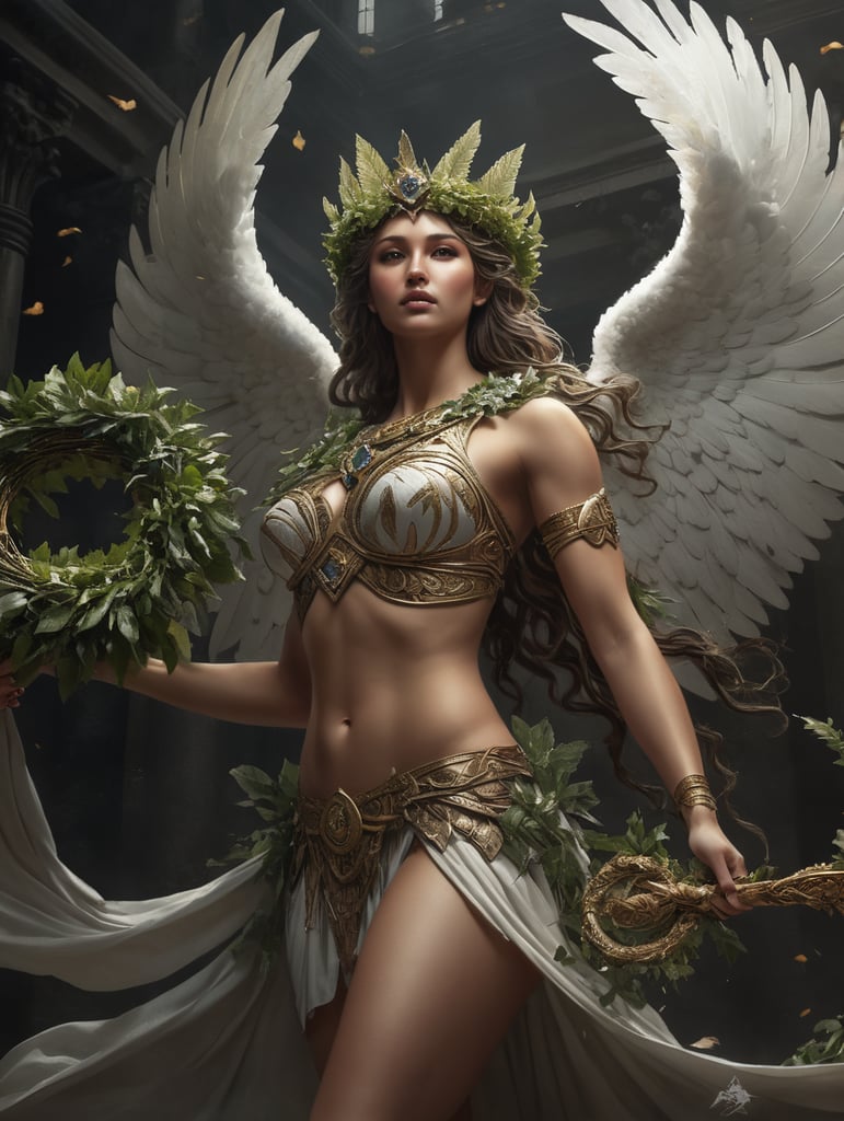 nike winged goddess holding a wreath of laurel leaves with her right arm