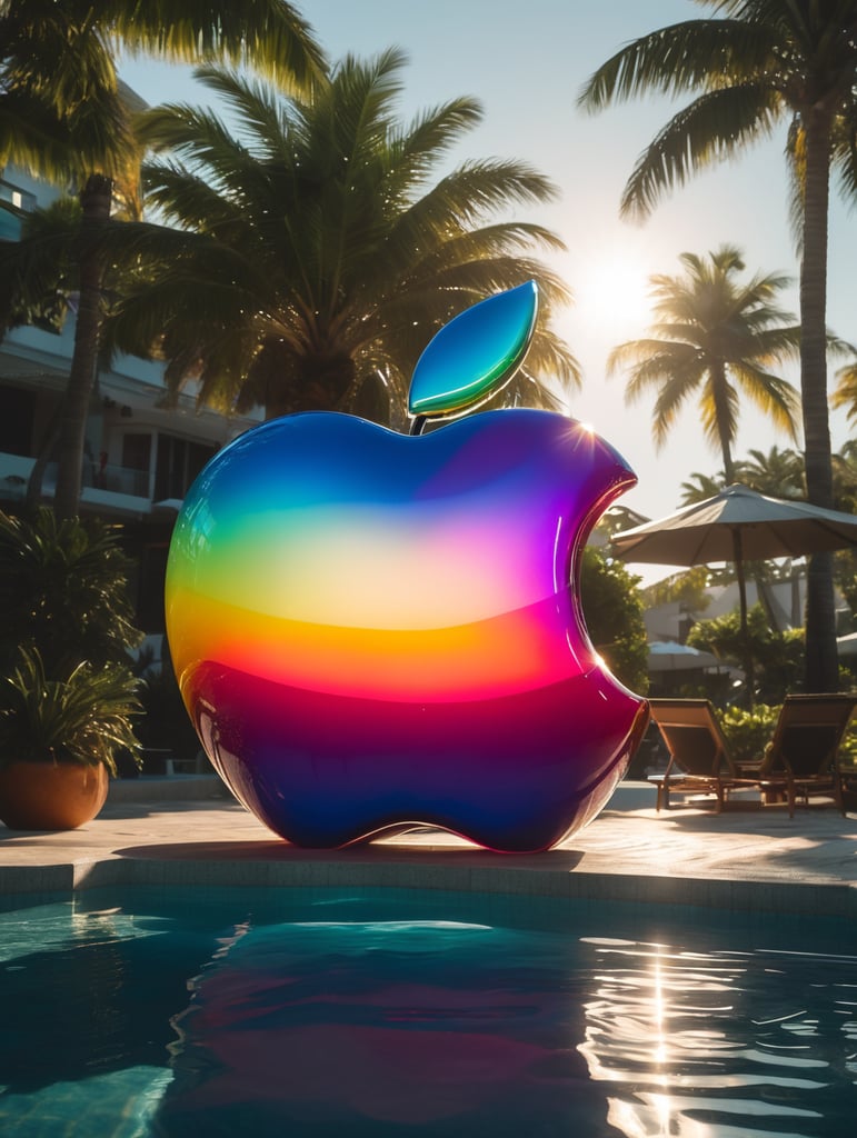 hyper realistic apple imacs as clear plastic pool float with sunlight shining through, neon palette, miami beach, unreal engine, octane render, cinematic lighting, highly detailed miami beach, y2k, bright colors, hyperrealistic, low angle, 16k, 8K UHD, 8K texture, cinematic, rim lighting, neon palette, color theory, dramatic, volumetric lighting, 35 mm, in focus, unreal engine, highly detailed, octane render, ultra high resolution