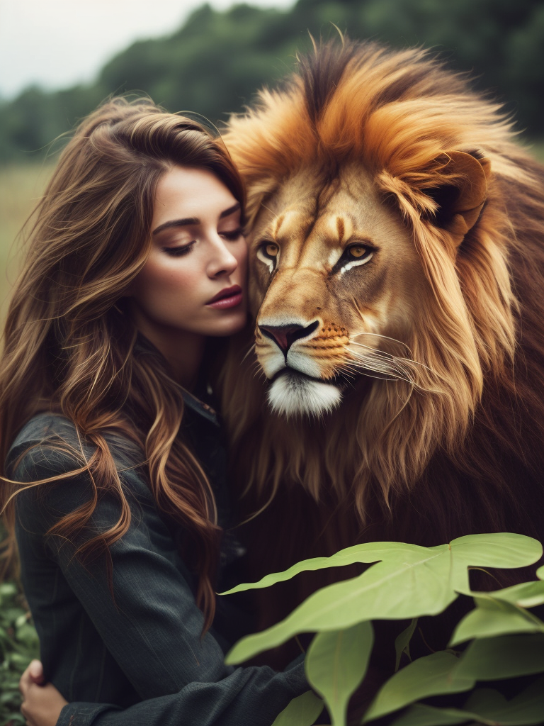 close-up, Photo of a (((wild lion))) and a (((beautiful girl))) embracing him, long gorgeous hair, looking into the camera, expressive piercing gaze, detailed face, photorealistic, sunlight through the foliage, concept art, digital photography, complex, elegant, highly detailed, highly detailed face, Photography, unreal engine, octane render, perfect composition, hyperrealistic, super detailed, highly detailed texture of clothing, full-length, digital photo, unreal engine, blender art by Oleg Oprisco, By Flora Borthy,cinematic, high quality photo art, professional art photography