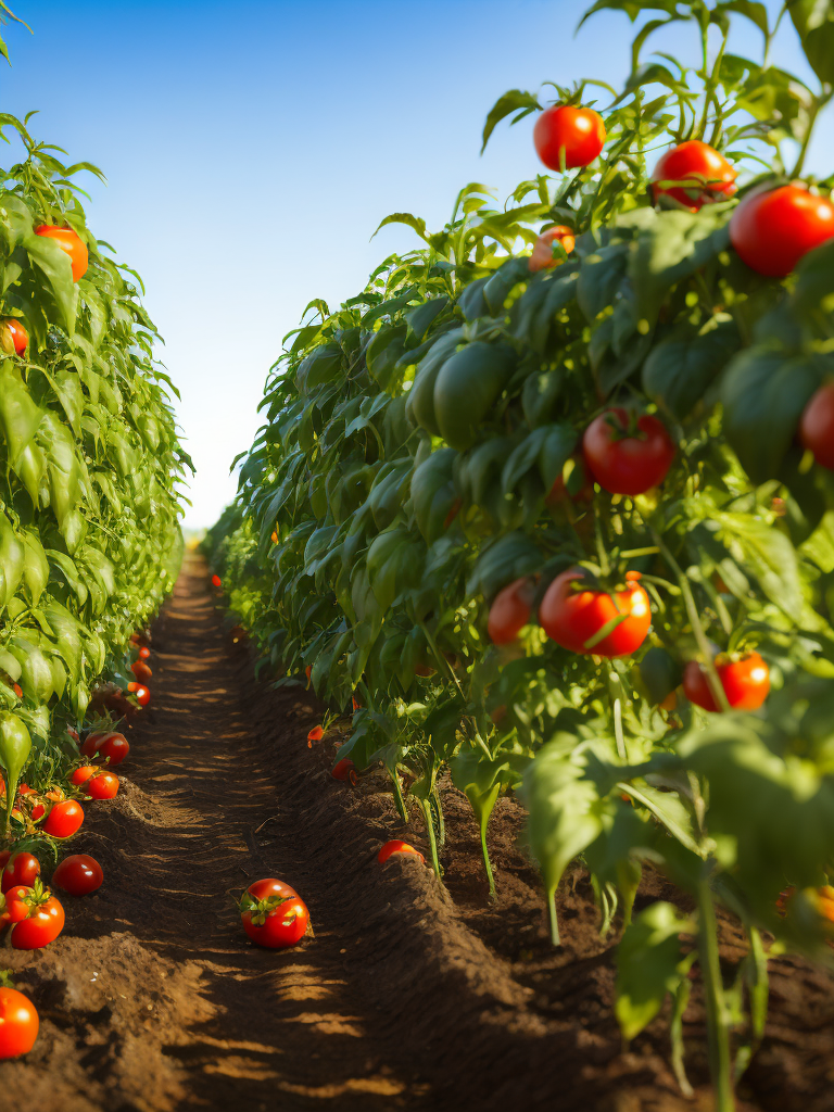 beautiful (((tomato plantation))) and a blue sky, short grass, ambient lighting