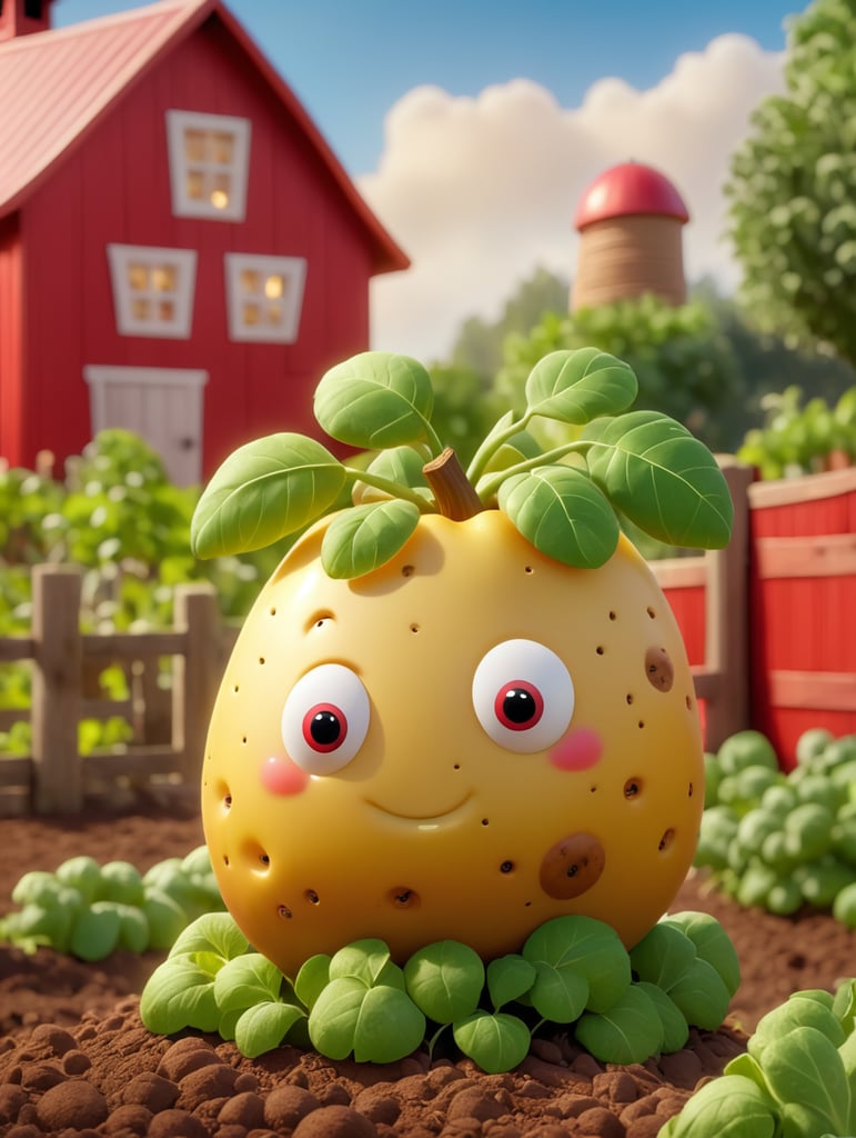 Funny but gloomy potato in the garden, on the shape of a farm with a red barn, professional shot, blurred bokeh background, sunny day, bright colors, sharp and clear details