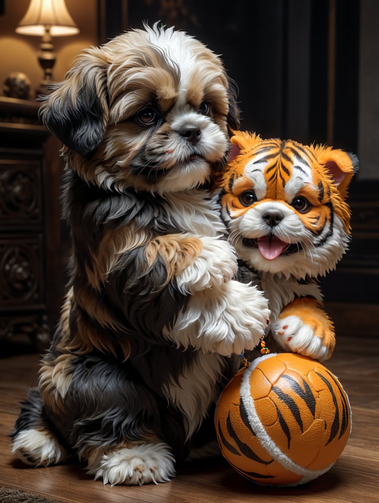 shih tzu puppy playing with fluffy tiger toy