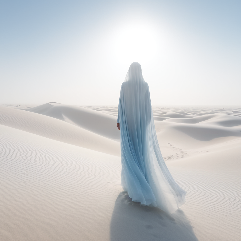 view from behind(((ethereal misty blue cloaked woman figure))), clad in light tones, advancing through a (((dunescape))) under a (rising sun), with (vast, silvery sand dunes) reflecting an otherworldly light around its surroundings, abstract art
