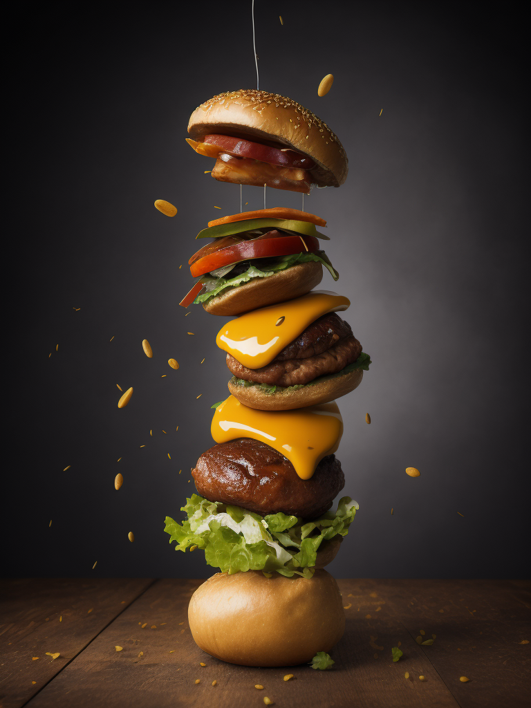 a hamburger falling into the air with a lot of ingredients on top of it, a hamburger being tossed in the air, photorealism, Artur Grottger, professional food photography