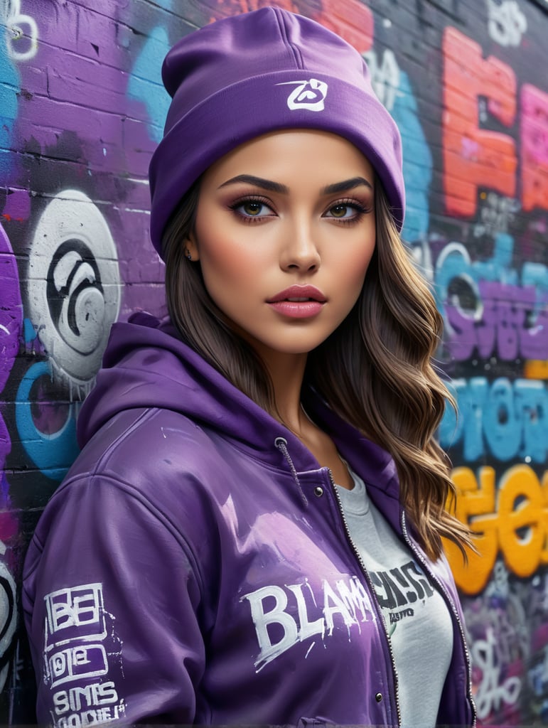 Olivia Culpo in a jacket and hat standing in front of a graffiti wall, in a purple hoodie, graffiti in the background