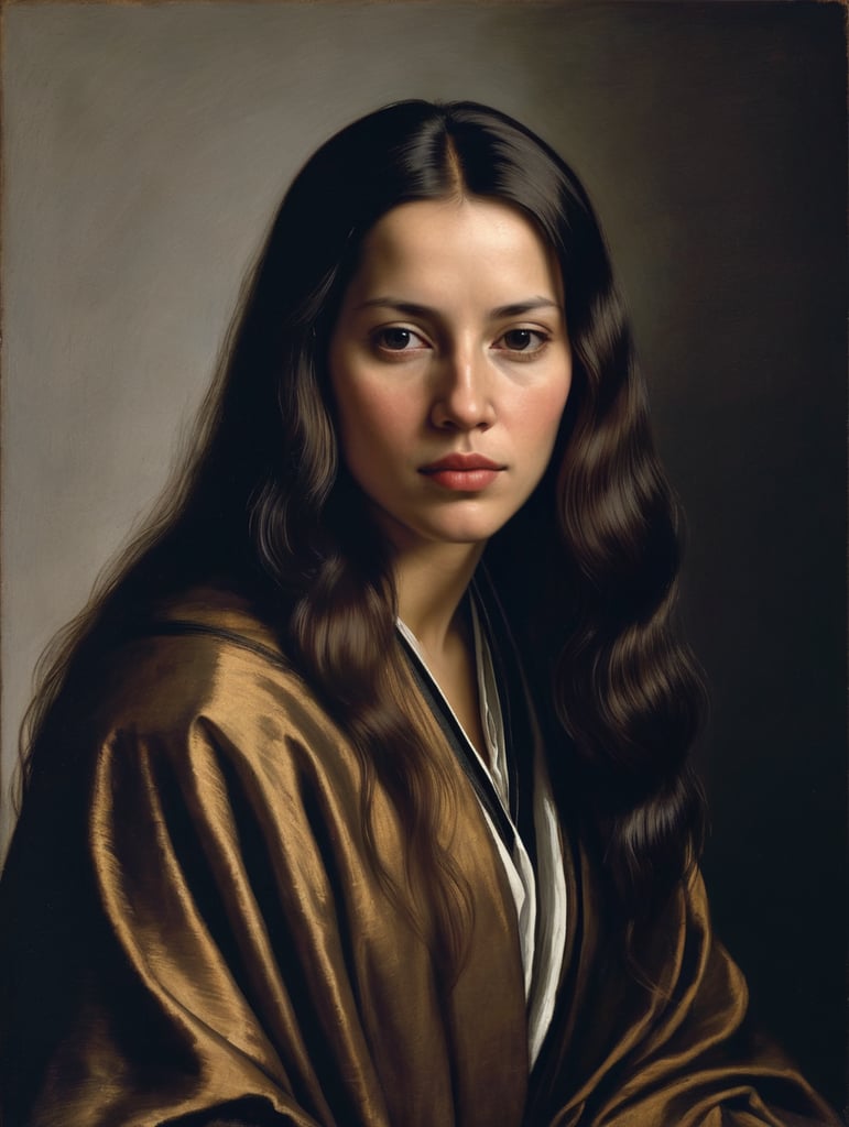 A masterpiece portrait by Diego Velázquez of a beautiful saint woman, straight hair
