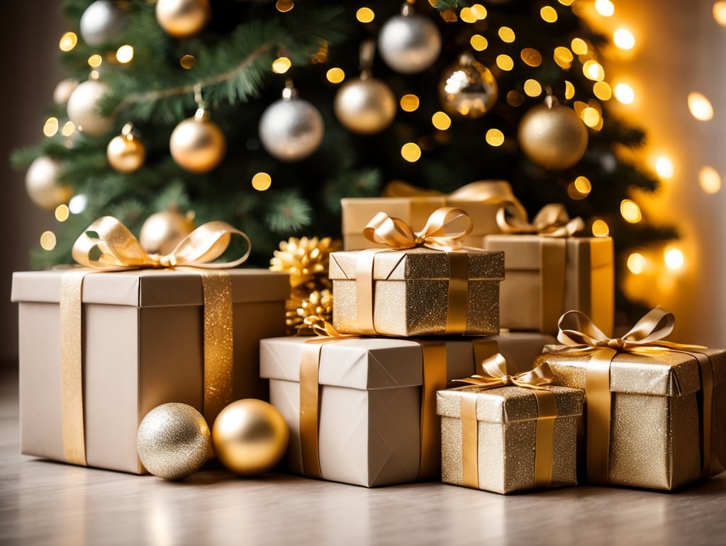 Christmas gift boxes with Christmas tree with golden Christmas balls and Christmas lights
