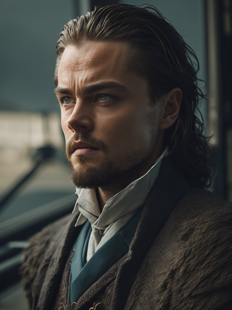 Portrait of Leonardo DiCaprio as a 17th century ship captain, Detailed uniform, Brass buttons, gradient background, contrasting light, detailed face, muted tones