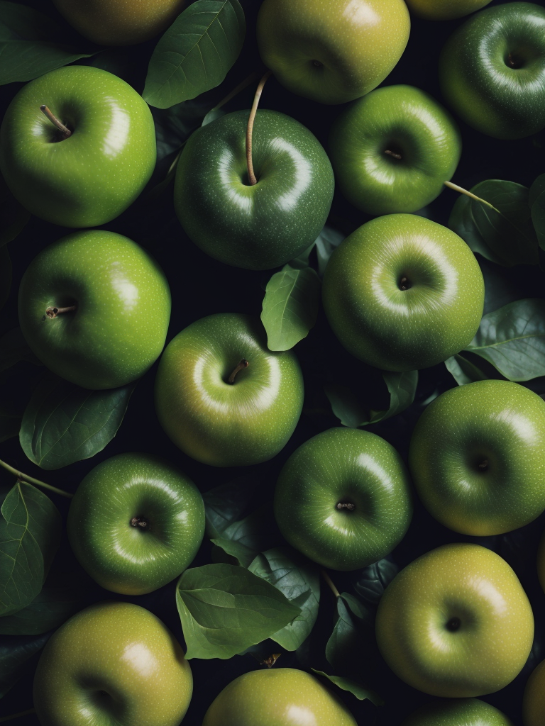 Apples pattern with green leaves, detailed Apples, macro photo