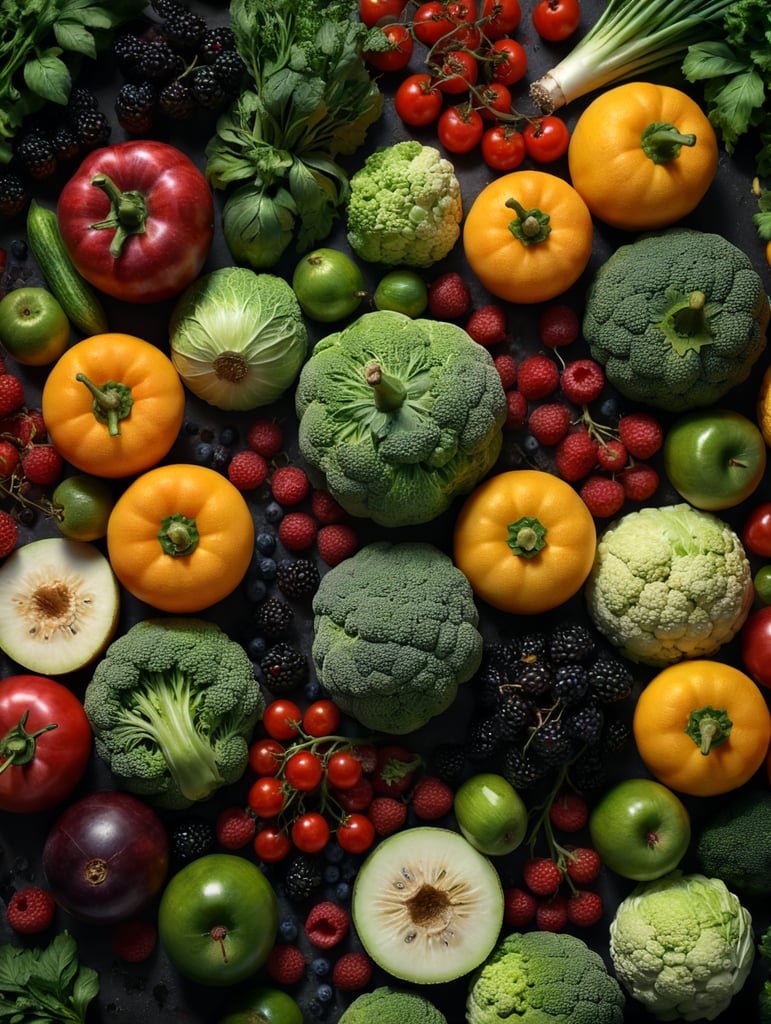 close up shot from above, vegetables, fruits, berries