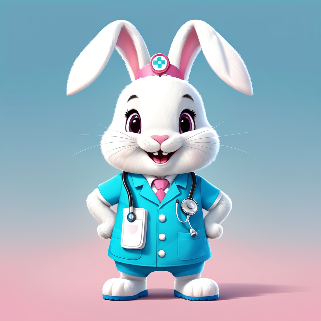 Pixar style cartoon white bunny nurse character, pink uniform, happy expression, white Crocs stethoscope, cute character design, whimsical illustration, animated character, sky blue background