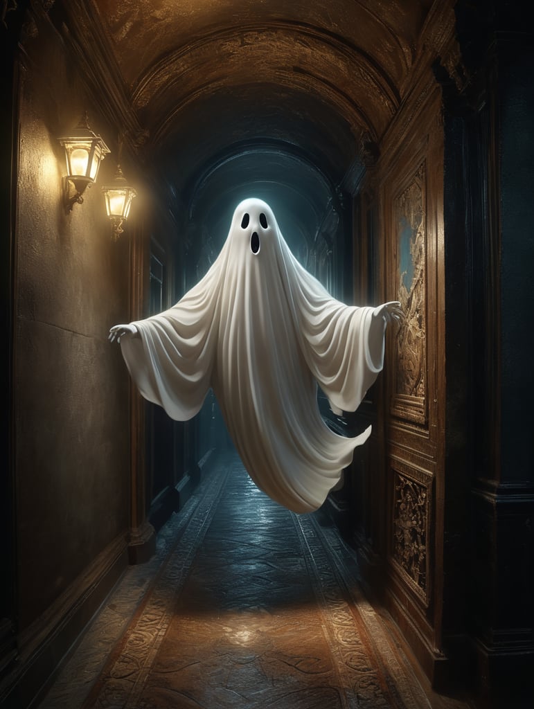 friendly ghost in 3D flying down a passage with 1 dim light