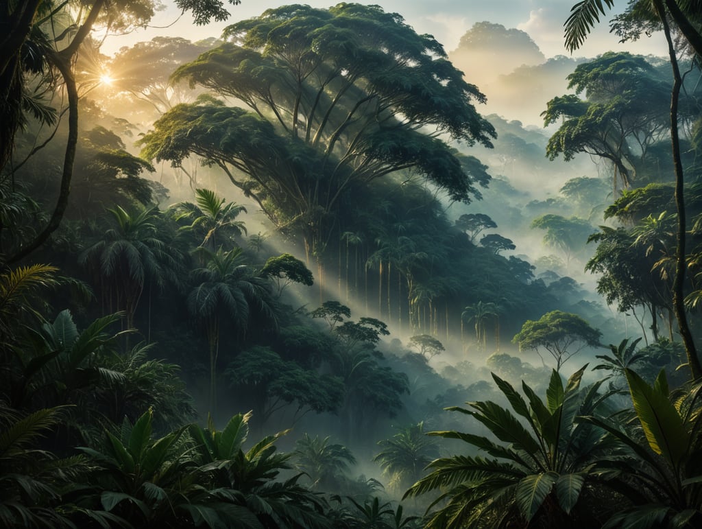(((digital painting style))) Jungle with misty atmosphere, conceptual ilustration, golden hour, digital painting effect, Dusan Markovic style, masterpiece, utra quality, extreme details