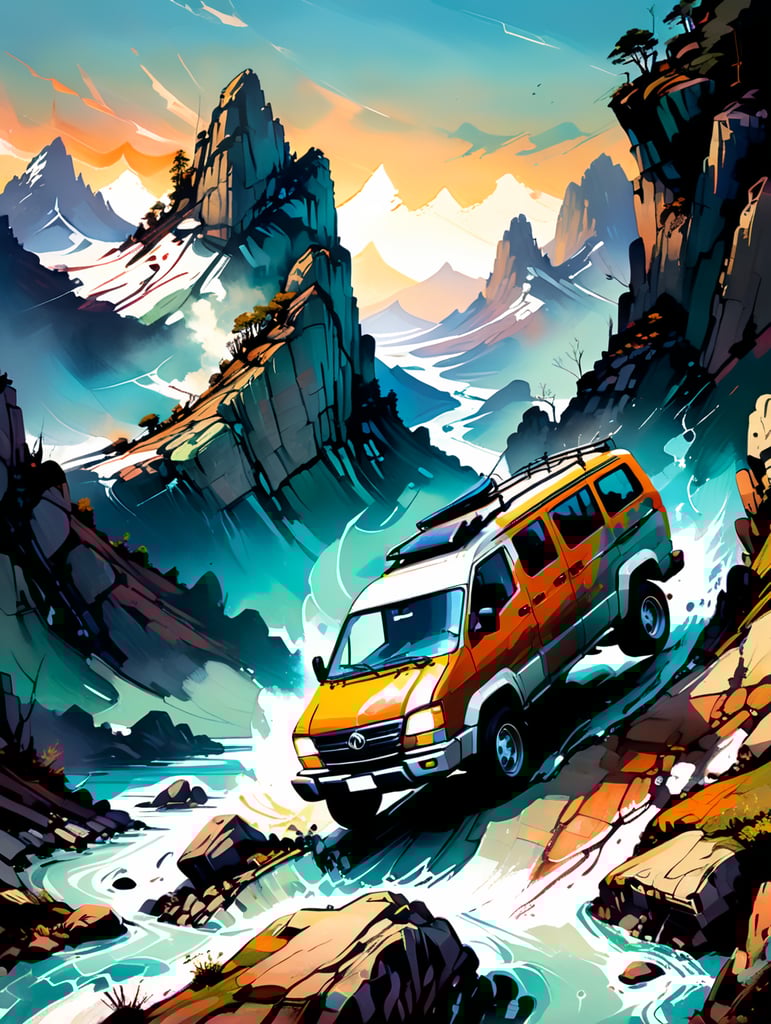 A van driving on the rocks of a high mountain