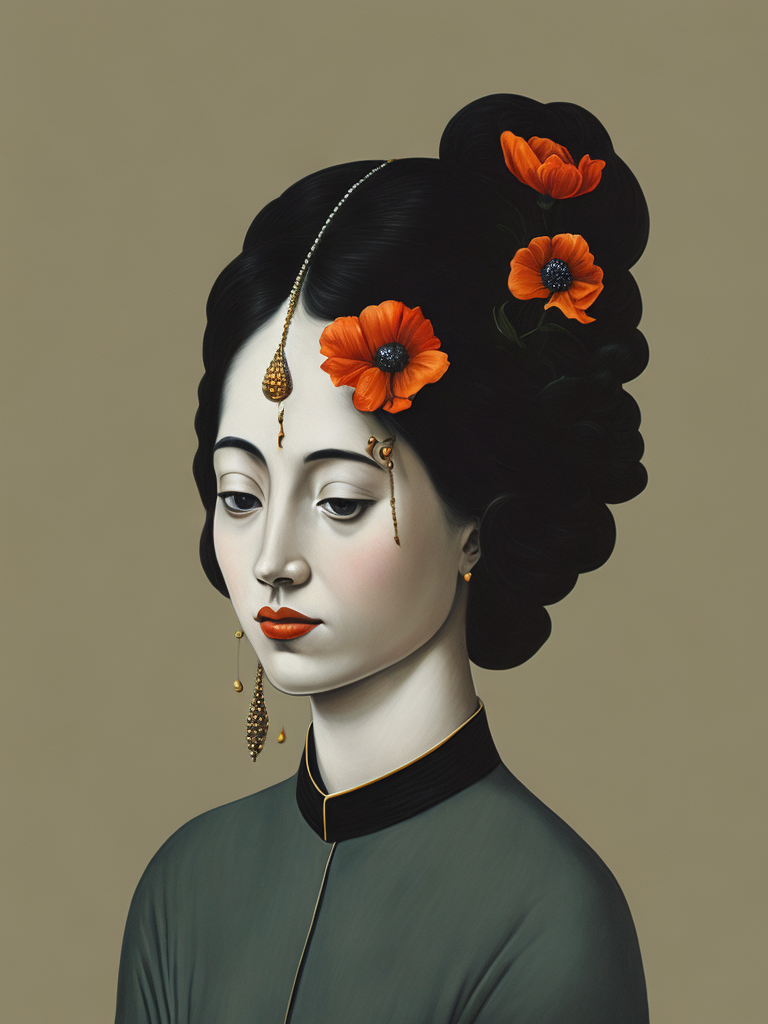 ultrafine detailed painting of a woman with a n opium poppy flower in her hair, whimsical, detailed painting